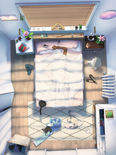 The #SelfCare app, depicting a person lying in bed in a messy bedroom, viewed from the ceiling